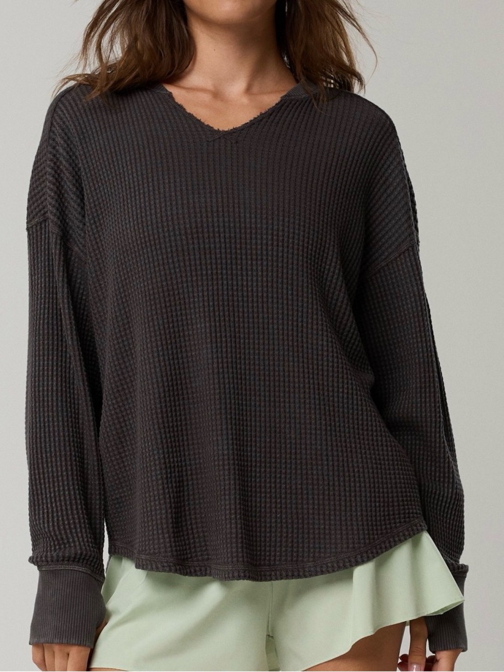 OFFLINE By Aerie Wow! Waffle Notch Neck Long Sleeve T-Shirt Smoked Gray XS